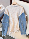 Getadme Women Sweater Patchwork Denim Long Sleeve O-Neck Loose Heart Chic Pullovers Simple Knitted Autumn Winter New Knit Jumpers