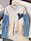 Getadme Women Sweater Patchwork Denim Long Sleeve O-Neck Loose Heart Chic Pullovers Simple Knitted Autumn Winter New Knit Jumpers