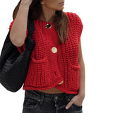 GETADME Women Sweater Tank Tops Solid Color Button Front V-Neck Knit Vest Sleeveless Knitwear Cardigan for Streetwear