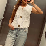 GETADME Women Sweater Tank Tops Solid Color Button Front V-Neck Knit Vest Sleeveless Knitwear Cardigan for Streetwear