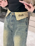 GETADME Women's Flanging Design High Waist Wide Leg Jeans Vintage Street American Style Casual Pants Female Straight Denim Trousers