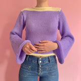 GETADME Y2k Women Long Sleeve Crop Top Crochet Knit Color Block Pullover Jumper Tops Loose Patchwork Shirts 90S Streetwear