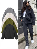 Getadme Women's New Pocket Decorative Hidden Button Loose Versatile Oversized Bomber Jacket Round Neck Long Sleeve Casual Top Coats