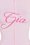 Getadme iamgia Slim shoulder monogram print bright thread design slim hooded zipper short jacket trouser suit