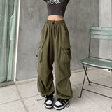 Y2K Trousers Women Cargo Pants Straight Wide Leg Drawstring Oversize Pockets Kpop High Waisted Breathable Solid Color Sweatpants