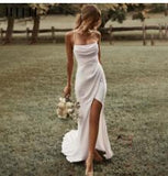 Simple White Wedding Dresses Side Slit Bride Robes Sleeveless Shoulder with Straps Bridal Gowns Open Back Affordable