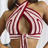 Getadme-Beach Style Knitted Striped Halter Bandage Backless Crop Cami Top High Waist Bodycon Skirt Summer Vacation Two Piece Set Women