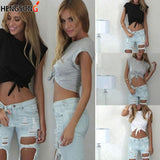 Getadme Summer Knotted Tie Front Crop Tops Women Cropped T Shirt Casual Tanks Camis Casual O Neck Short Sleeve Solid Tees