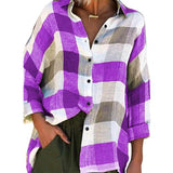 Getadme Women Turn Down Collar Check Plaid Buttons Shirt Top Long Sleeve Loose Blouse