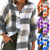 Getadme Women Turn Down Collar Check Plaid Buttons Shirt Top Long Sleeve Loose Blouse