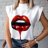 Getadme-Fashion Women Elegant Lips Print Tops and Blouse Shirts Summer Ladies Office Casual Stand Neck Pullovers Eye Blusa Tops