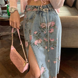 Streetwear Vintage Flowers Print Long Denim Skirts Summer 2021 High Waist Slim Sexy Open Split Straight Skirt Jeans Saias Female