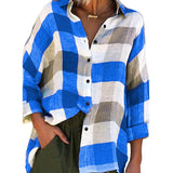 Getadme Women Turn Down Collar Check Plaid Buttons Shirt Top Long Sleeve Loose Blouse