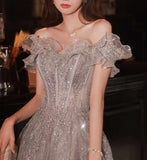 Getadme Elegant Gray Flowers Evening dress Off Shoulder Shiny Sequin Lace A-line Ruched Lace up Woman Formal Party Prom Gowns New