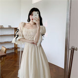 Spring Ruched Dress Women Chic Puff Sleeve  Solid Off Shoulder Fairy Dress Elegant Princess Summer A-Line Dress Femme Robe