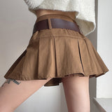 Getadme- 90s Vintage Khaki Pleated Micro Skirts With Belt Y2K Cute Streetwear Low Waist A-line Skirt Women Preppy Style Fashion Outfits