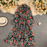 Vintage Floral Long Dress Women Spring Summer Korean Style Stand Collar Lantern Sleeve Chiffon Dress Female Elegant Party Vestid