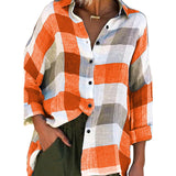 Getadme Women Turn Down Collar Check Plaid Buttons Shirt Top Long Sleeve Loose Blouse