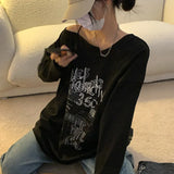 Getadme-Y2K T-shirt Fairy Grunge Vintage Letter Print Tops Black Autumn Off Shoulder Long Sleeved Korean Tees Loose Harajuku Shirt