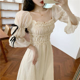 Spring Ruched Dress Women Chic Puff Sleeve  Solid Off Shoulder Fairy Dress Elegant Princess Summer A-Line Dress Femme Robe