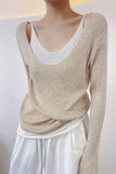 NEW Women Off Shoulder Fake Two Pieces Of Thin Knitted Pullovers Patchwork With Clavicle Exposed All-Match Solid Tops Chic