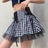 Getadme-Y2K Aesthetic Mesh Patcgwork Tutu Ball Gown Skirt Women Harajuku Gothic Dark Lace Up Plaid Skirt Bandage High Waist Mini Skirts