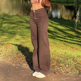 Vintage Y2K Joggers Women Cargo Pants 90s Streetwear Caramel Brown Low Waist E-girl Aesthetic Loose Straight Trousers Female