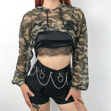 Long Sleeve Tshirt Mesh Top Hooded Hollow Out Sexy Punk Rock Short Crop Top White T-shirt Fishnet Black Women Clothing Tops Tees