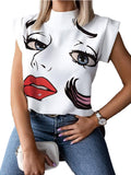 Getadme-Fashion Women Elegant Lips Print Tops and Blouse Shirts Summer Ladies Office Casual Stand Neck Pullovers Eye Blusa Tops