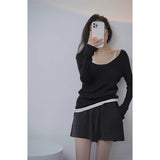 NEW Women Off Shoulder Fake Two Pieces Of Thin Knitted Pullovers Patchwork With Clavicle Exposed All-Match Solid Tops Chic