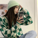 Panelled Cardigan Women Checkered Plaid Sweaters Cropped Loose Tender Cool Girls Chic Warm Cozy Knitting Outerwear Female V Neck