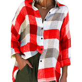 Getadme Women Turn Down Collar Check Plaid Buttons Shirt Top Long Sleeve Loose Blouse