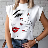 Getadme-Fashion Women Elegant Lips Print Tops and Blouse Shirts Summer Ladies Office Casual Stand Neck Pullovers Eye Blusa Tops