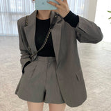 Korea Spring French Elegant Lapel Two Button Loose Suit Jacket + High Waist Wide Leg Trousers Shorts