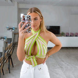 Getadme-Beach Style Knitted Striped Halter Bandage Backless Crop Cami Top High Waist Bodycon Skirt Summer Vacation Two Piece Set Women