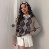 Vintage Clothes Preppy Style V Neck Sweater Women Autumn Casual Argyle Plaid Y2K Jumper Female Korean Fashion Pullover Winter