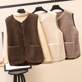 Getadme Vests New Spring Autumn Women Button Waistcoat Lamb Hair Winter Thermal Warm Thick Fleece Vests Sleeveless Jacket Ladies Coats