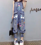 Female Denim Jumpsuits Fashion Sequins Cartoon Letters Hole Bib Pants Casual Loose Harem Pants Women Denim Overalls