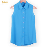 Women Turn-down Chiffon Blouse Summer Shirt Blusas Femeninas Solid Vest Tops Loose Sleeveless Thin And Light Chiffon Blouse