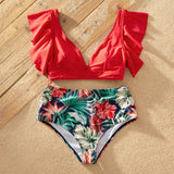 New Summer Ruffle-Sleeve Floral Print Matching Swimsuits Family Look Children's Clothing Swimwear Women's Swimsuit