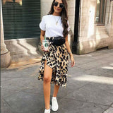 Getadme Sexy Women Leopard Skirt Wrap Over Asymmetrical Calf Length Skirt Ladies Summer Casual High Waist Slim Skirts Sundress Fashion