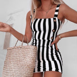 Retro Dress Summer Vertical Striped Button Suspenders Sexy Elegant Sleeveless Mini women's Dress