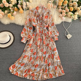 Vintage Floral Long Dress Women Spring Summer Korean Style Stand Collar Lantern Sleeve Chiffon Dress Female Elegant Party Vestid