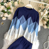 Women's Knitted Sets 2021 New Spring O-neck Geometric Palid Loose Pullover Sweater Tops And Long Pencil Skirt Two Piece Set