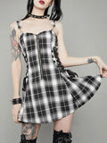 InsDoit Gothic Plaid Bandage Black Blue Dress Women Vintage Sleeveless Zipper Sexy Mini Dress Punk Aesthetic Summer A Line Dress