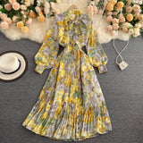 Vintage Floral Long Dress Women Spring Summer Korean Style Stand Collar Lantern Sleeve Chiffon Dress Female Elegant Party Vestid