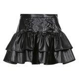 IAMSURE Gothic Bandage Pu Pleated Skirt Darl Black Leather High Waisted Mini Skirts Women Fashion Preppy Style Streetwear