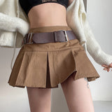 Getadme- 90s Vintage Khaki Pleated Micro Skirts With Belt Y2K Cute Streetwear Low Waist A-line Skirt Women Preppy Style Fashion Outfits