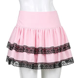 Y2K Harajuku Black Lace Trim Pink Pleated Skirt Women Preppy Style Kawaii High Waisted Double Layer Short Skirts Ladies Clothes