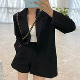 Korea Spring French Elegant Lapel Two Button Loose Suit Jacket + High Waist Wide Leg Trousers Shorts